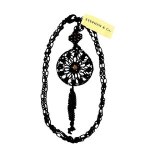Necklace Stephan & Co. Matte Black 3D Lace Metal Pink Rhinestone Tassel